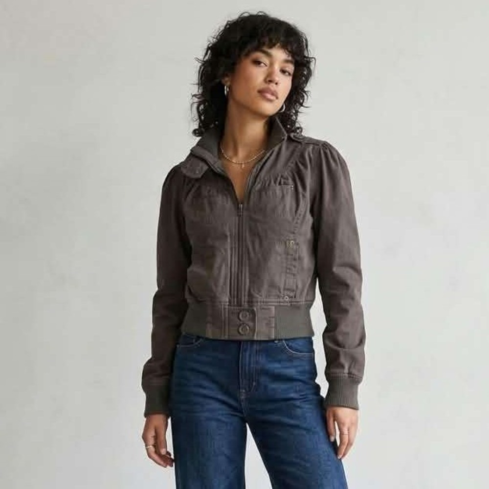 Vintage Y2K LA Blues Brown Cotton Moto Jacket M Puff Sleeve Military Utility